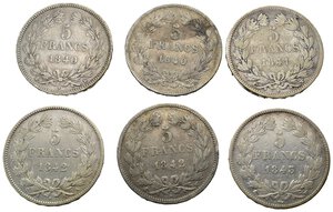 reverse: Monete Mondiali. Francia. Louis Philippe I. Lotto di 6 monete da 5 francs 1840 K; 1840 BB; 1841 W; 1842 A (scarce); 1842 W; 1843 W. Ag. MB-BB