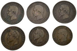 obverse: Monete mondiali. Francia. Napoleone III. Lotto di 6 medaglie. Cu. 5 Centimes 1854 B, 1861 BB; 10 centimes 1854 MA, 1856 W, 1857 A, 1861 BB.