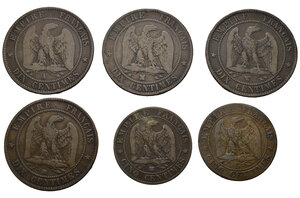 reverse: Monete mondiali. Francia. Napoleone III. Lotto di 6 medaglie. Cu. 5 Centimes 1854 B, 1861 BB; 10 centimes 1854 MA, 1856 W, 1857 A, 1861 BB.