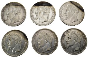 obverse: Monete Mondiali. Francia. Napoleone III. Lotto di 6 monete da 5 francs. Ag. MB-BB