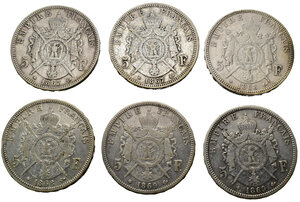 reverse: Monete Mondiali. Francia. Napoleone III. Lotto di 6 monete da 5 francs. Ag. MB-BB