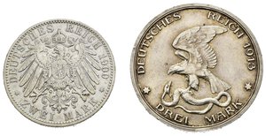 reverse: Monete mondiali. GERMANIA - lotto di 2 monete in argento. 3 mark 1913; 2 mark 1900 A
