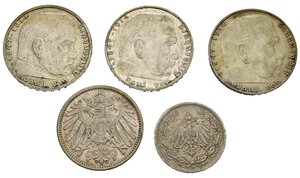 reverse: Monete Mondiali. Germania, terzo reich e impero. Lotto di 5 monete in argento