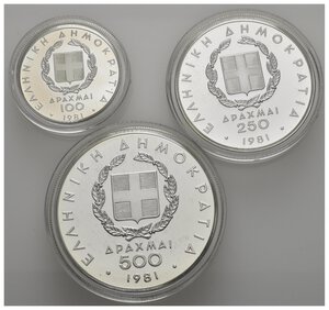 obverse: Monete Mondiali. Grecia. 3 monete da 100, 250 e 500 dracme 1981 senza cofanetto. Ag Proof 