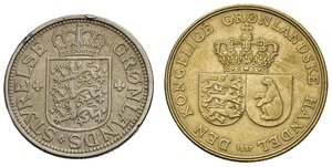 obverse: Monete Mondiali. GROENLANDIA. Lotto di 2 monete 1 Krone 1957 - 25 ore 1926. BB
