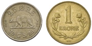 reverse: Monete Mondiali. GROENLANDIA. Lotto di 2 monete 1 Krone 1957 - 25 ore 1926. BB