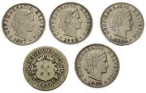 obverse: Monete mondiali. Svizzera. Lotto di 5 monete da 20 rappen 1850 - 1899 - 1902 - 1907 - 1908