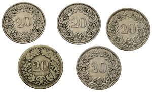 reverse: Monete mondiali. Svizzera. Lotto di 5 monete da 20 rappen 1850 - 1899 - 1902 - 1907 - 1908