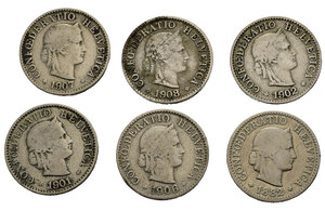 obverse: Monete mondiali. Svizzera. Lotto di 6 monete da 5 rappen 1882 - 1901 - 1902 - 1906 - 1907 - 1908
