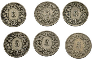reverse: Monete mondiali. Svizzera. Lotto di 6 monete da 5 rappen 1882 - 1901 - 1902 - 1906 - 1907 - 1908