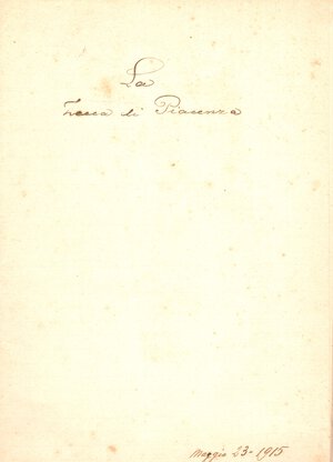 obverse: ANONIMO. - Manoscritto. Zecca Piacenza  23 – Maggio, 1915. Manoscritto su La zecca di Piacenza.  Pp. 50 + 5. Brossura, bella calligrafia  fogli sciolti numerati raccolti in vecchia cartella  buono stato. raro