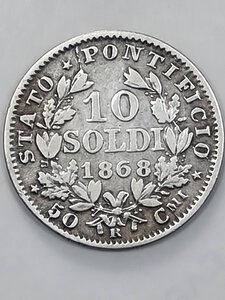 reverse: 10 SOLDI 1868 PIO IX ROMA MB+