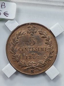 reverse: 5 CENTESIMI 1862 VITTORIO EMANUELE II NAPOLI BB/SPL