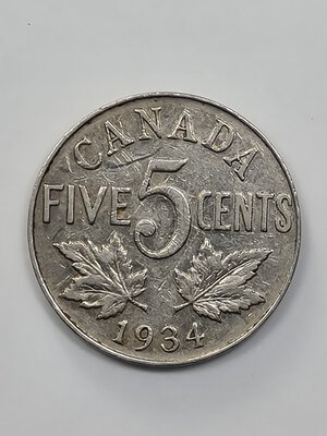 reverse: 5 CENT 1934 CANADA MB+