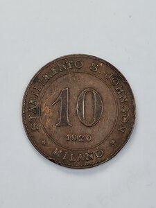 reverse: GETTONE DA 10 CENT 1920 STABILIMENTO JHONSON MB+ (NC)