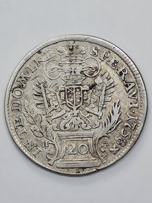 reverse: 20 KREUZER 1758 AUSTRIA B