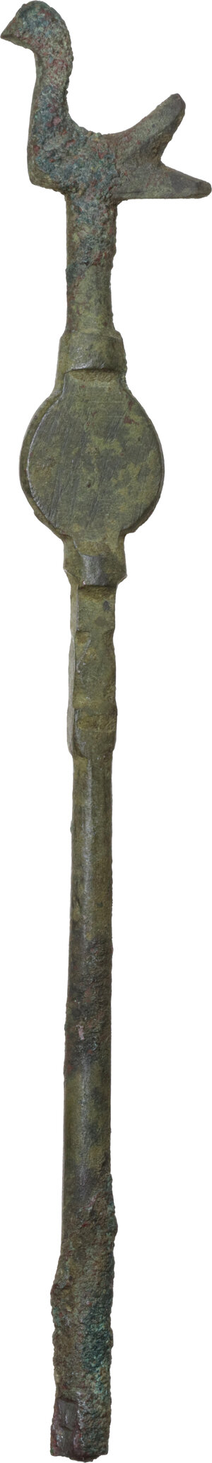 obverse: SMALL BRONZE ROD Roman period, c. 1st - 4th century AD. (?) Bronze rod with a round section stem, with a bird on the top (perhaps a dove) and a flat point towards the top, probably suitable for the handle of the instrument. Lenght: 112 mm