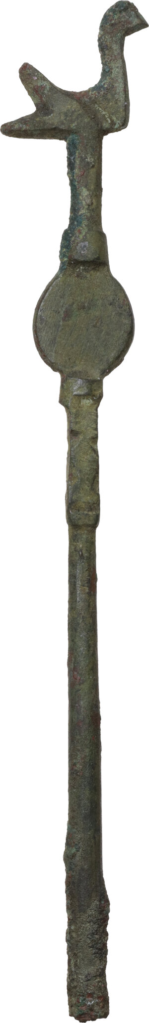 reverse: SMALL BRONZE ROD Roman period, c. 1st - 4th century AD. (?) Bronze rod with a round section stem, with a bird on the top (perhaps a dove) and a flat point towards the top, probably suitable for the handle of the instrument. Lenght: 112 mm