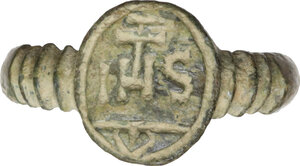 obverse: EARLY CHRISTIAN RING Roman period, c. 4th - 5th century AD Bronze ring with oval engraved beazel with the abbreviated christian inscription 