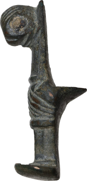 reverse: BRONZE FURNITURE FOOT Ancient Near East, c. 1st - 8th century AD. (?) Bronze furniture foot shaped like a highly stylized zoomorphic figure. Dimensions: 68 x 21 mm