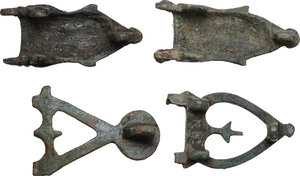reverse: FOUR BYZANTINE BUCKLES PARTS Byzantine, c. 7th - 8th century AD. Lot of four bronze parts of buckles. All byzantine. Lenght: 41 to 36 mm