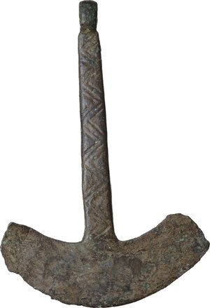 reverse: PRE COLUMBIAN CEREMONIAL KNIFE Perù, Chimù Culture, c. 1100 - 1470 AD. Pre columbian bronze 