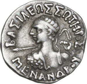 obverse: Baktria, Indo-Greek Kingdoms. Menander I Soter (155-130 BC). . AR Drachm