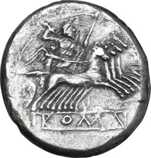 reverse: Anonymous. AR Debased Quadrigatus, Capua, 215 BC
