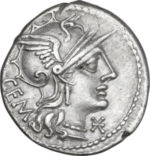 obverse: M. Aburius M.f. Geminus. AR Denarius, 132 BC