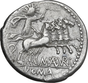 reverse: M. Aburius M.f. Geminus. AR Denarius, 132 BC