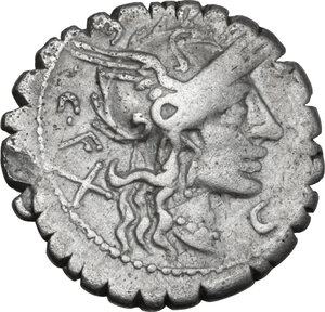 obverse: L. Licinius Crassus, Cn. Domitius Ahenobarbus and C. Malleolus. AR Denarius serratus, Narbo mint, 118 BC