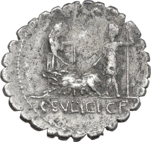reverse: C. Sulpicius C.f. Galba. AR Denarius serratus, 106 BC