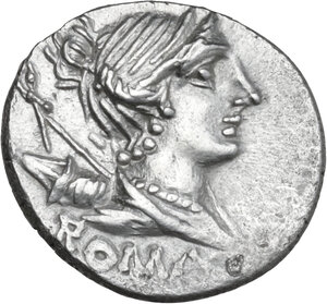 obverse: C. Publicius Malleolus, A. Postumius Sp. f. Albinus and L. Metellus . AR Denarius, late 90s BC
