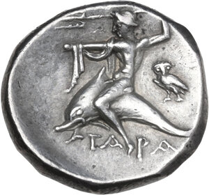 reverse: Southern Apulia, Tarentum. AR Nomos, c. 272-240 BC. Sy- and Lykinos, magistrates