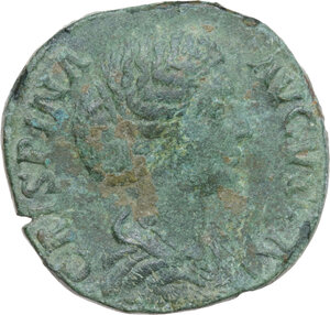 obverse: Crispina, wife of Commodus (died 183 AD). AE Sestertius, Rome mint, 178-191. Obv. CRISPINA AVGVSTA. Draped bust right, hair waved and rolled at crown and knotted on back of head. Rev. HILARITAS S C. Hilaritas, draped, standing left, holding long palm, nearly vertical, in right hand and cornucopiae in left hand. RIC III Commodus 668. AE. 20.29 g. Ø 29.50 mm. Green patina in various shades. Good VF/VF.