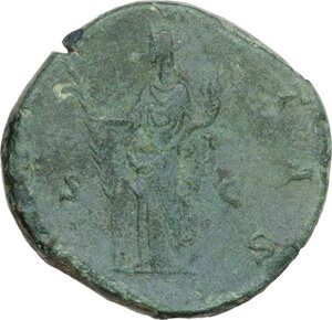 reverse: Crispina, wife of Commodus (died 183 AD). AE Sestertius, Rome mint, 178-191. Obv. CRISPINA AVGVSTA. Draped bust right, hair waved and rolled at crown and knotted on back of head. Rev. HILARITAS S C. Hilaritas, draped, standing left, holding long palm, nearly vertical, in right hand and cornucopiae in left hand. RIC III Commodus 668. AE. 20.29 g. Ø 29.50 mm. Green patina in various shades. Good VF/VF.