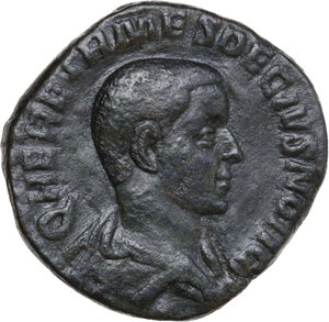 obverse: Herennius Etruscus as Caesar (249-251 AD). AE Sestertius. Rome mint, 3rd emission of Trajan Decius, 250 AD