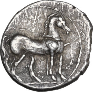 reverse: Bruttium, Carthaginians in South-West Italy. AR Quarter Shekel, c. 215-205 BC. Second Punic War issue