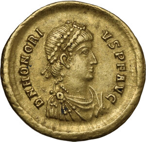 obverse: Honorius (393-423). AV Solidus, Sirmium mint (?)