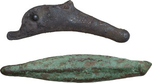 reverse: Celtic, Balkans. Lot of two (2) proto-money, Balkans and Skythia, Olbia: arrowhead and dolphin. Dimensions: 40.5 and 33 mm. Weights: 3.76 and 1.81 g
