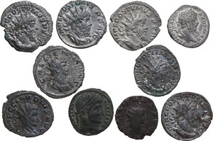 obverse: The Roman Empire. Lot of ten (10) unclassified AR and AE denominations, including: Septimius Severus (denarius), Constantine I (AE), Postumus, Claudius II Gothicus and Gallienus (antoniniani)
