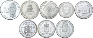 reverse: World Coins. Lot of eight (8) AR commemorative coins from Guyana, Hungary, Bhutan, Portugal, Mauritius, Belize, Netherlands Antilles, Malawi