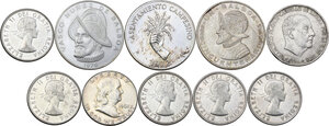 obverse: World Coins. Lot of ten (10) AR coins: Canada, 50 Cents of 1953, 1955, 1959, 1957, 1958, Republica de Panama, 1 Balboa 1953 and 1976, 5 Balboas FAO 1972, USA, Half Dollar 1962, Spain, 100 Pesetas 1966. Total weight: 177.67 g