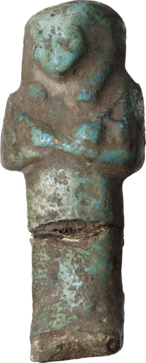 obverse: FAIENCE USHABTI Egyptian culture, New Kingdom, c. 1550 - 1070 BC Egyptian ushabti in blue faience, with two hoes in its crossed arms. On the back there is a bag painted. Dimensions: 99 x 40 mm