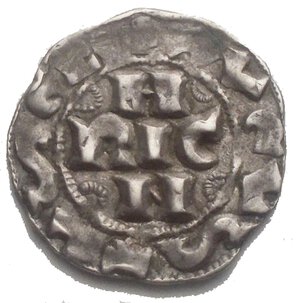 obverse: Pavia. Enrico II di Franconia. 1046-1056. Denaro. Ag. Peso gr. 1,27. Diametro mm. 16,5 x 16,7 Buona conservazione e bella patina