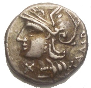 obverse: Repubblica Romana. M. Baebius Q. f. Tampilius. Denario, ca 137. D/ Testa elmata di Roma a sinistra; sotto il mento X. Dietro TAMPIL. R/ Apollo su quadriga al galoppo a destra tiene nella mano sinistra arco, freccia e le redini; nella destra un ramoscello; sotto, ROMA. In esergo, M·BAEBI·Q·F. B. Baebia 12. Syd. 489. Crawford 236/1c. AG. g. 3.84 mm. 18.1 BB++/ BB. Patina