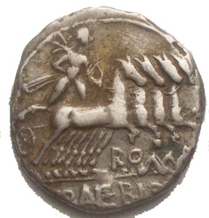 reverse: Repubblica Romana. M. Baebius Q. f. Tampilius. Denario, ca 137. D/ Testa elmata di Roma a sinistra; sotto il mento X. Dietro TAMPIL. R/ Apollo su quadriga al galoppo a destra tiene nella mano sinistra arco, freccia e le redini; nella destra un ramoscello; sotto, ROMA. In esergo, M·BAEBI·Q·F. B. Baebia 12. Syd. 489. Crawford 236/1c. AG. g. 3.84 mm. 18.1 BB++/ BB. Patina