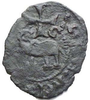 obverse: Catania Federico IV d Aragona 1355-77 Denaro BB+ R gr. 0,58 D/ Stemma aragonese R/ Elefante a sin. sormontato da croce Rif. catalogo: M.I.R., 1; Sp., 266-73