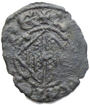 reverse: Catania Federico IV d Aragona 1355-77 Denaro BB+ R gr. 0,58 D/ Stemma aragonese R/ Elefante a sin. sormontato da croce Rif. catalogo: M.I.R., 1; Sp., 266-73