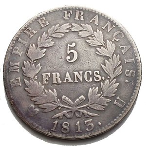 reverse: TORINO Napoleone I Imperatore 5 Franchi 1813 Torino. Ag gr. 24,56 Dr. Testa laureata a d. Rv. Valore entro corona di lauro. Pag. 34; Gig. 34. Molto Raro. 